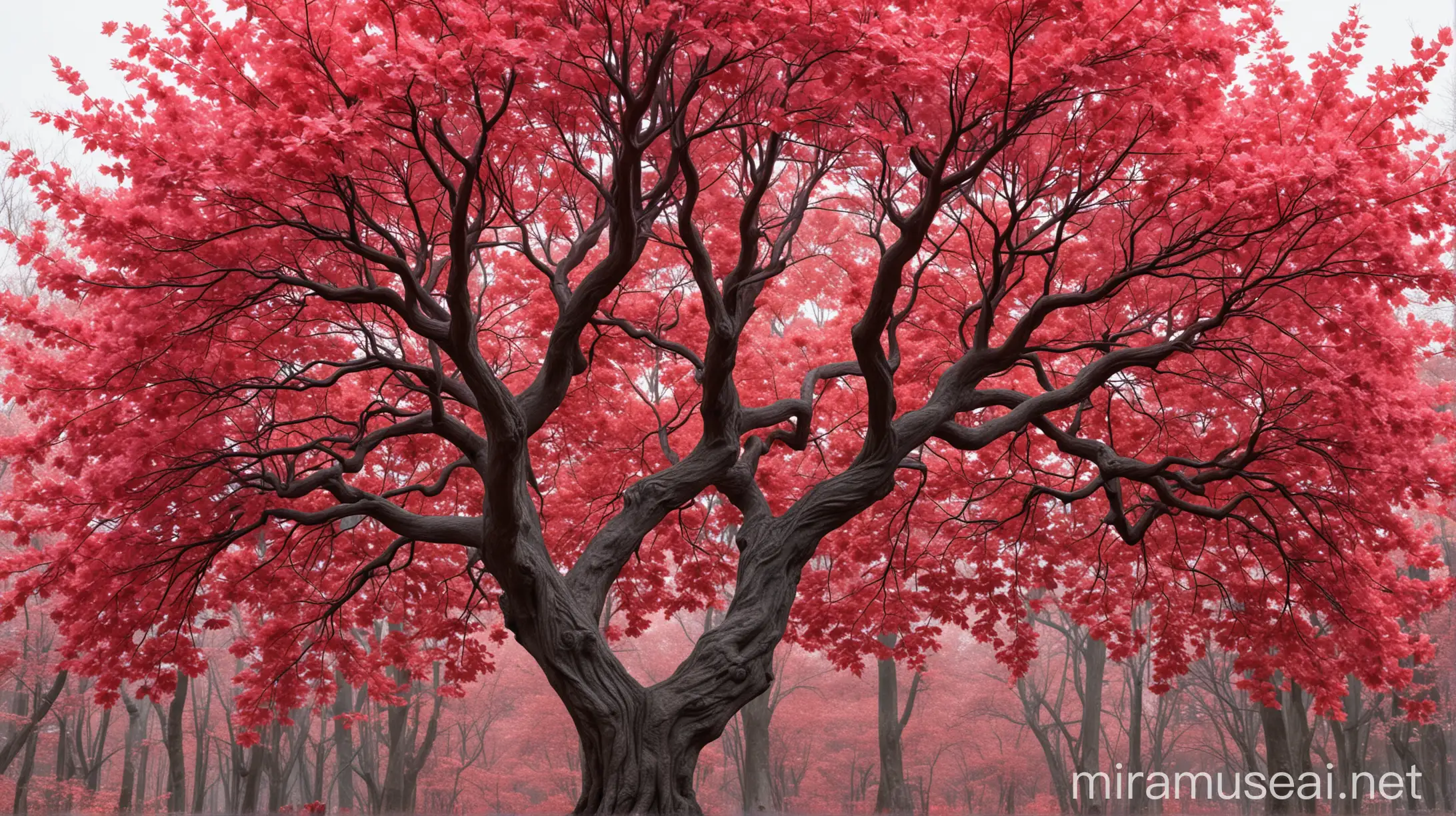 Vibrant Pink and Red Leaves on Detailed Symmetrical Tree