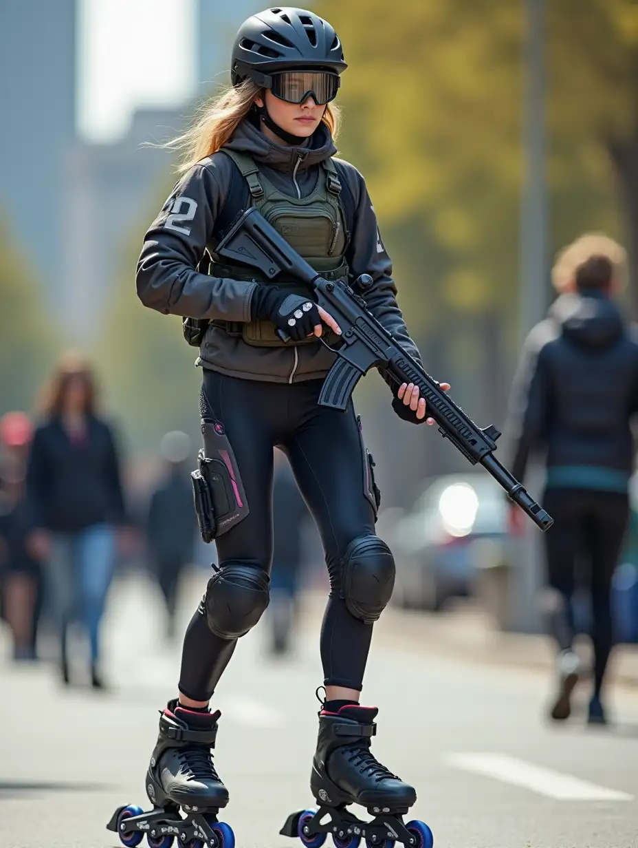 a 17 year old airsoft geared woman at a distance, she is skating on a street, holding a weapon, ordinary people in background, clothes have racing colors, she is wearing lots of functional sportswear, cycling gloves, airsoft helmet with transparent visor over eyes, smartwatch, thick plastic knee pads, modern inline skates with complete organized wheels