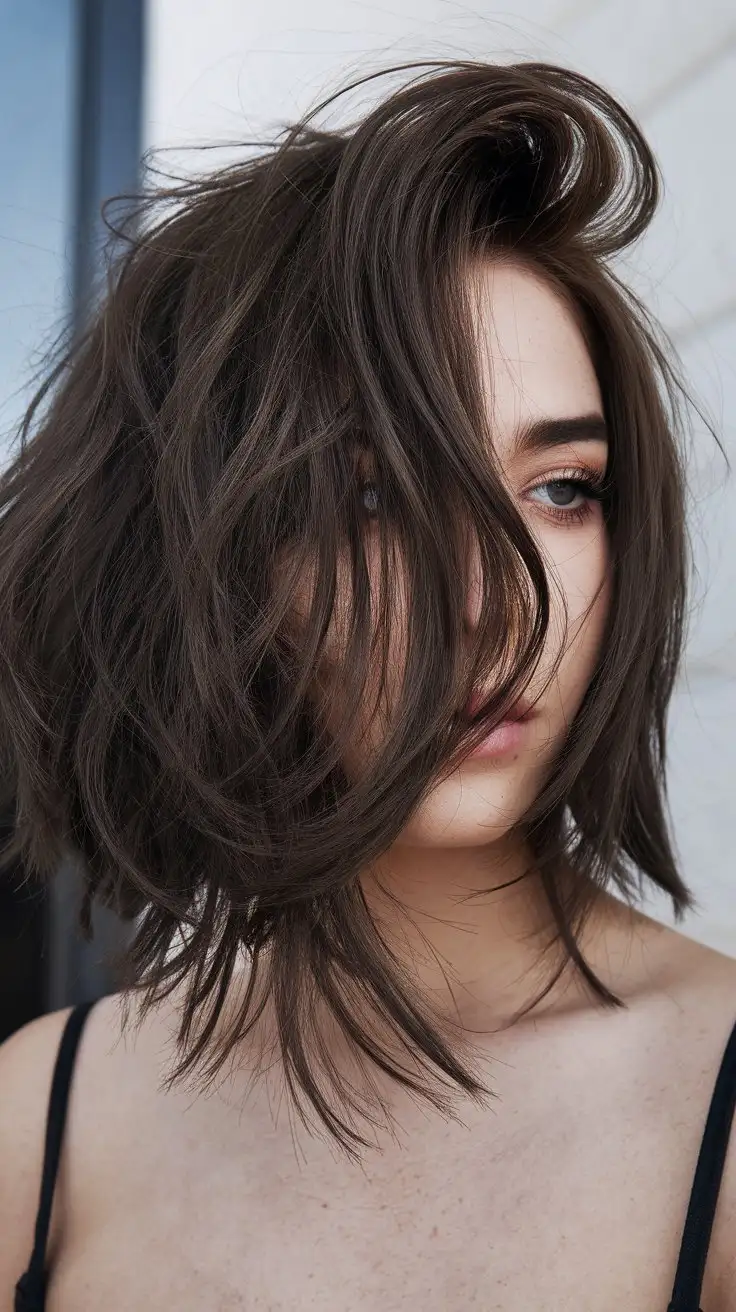 Closeup-of-Modern-Dark-Brunette-Woman-with-Choppy-Inverted-Lob-Hairstyle-in-Studio-Lighting