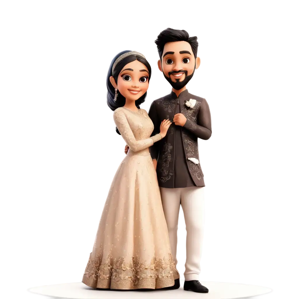 Cute-Muslim-Engagement-Caricature-PNG-Groom-in-Indo-Western-Dress-and-Bride-in-Gown