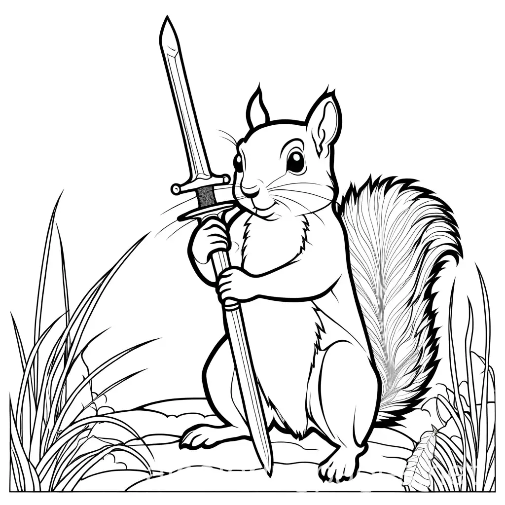 Squirrel-with-Sword-Coloring-Page-Black-and-White-Line-Art-on-White-Background