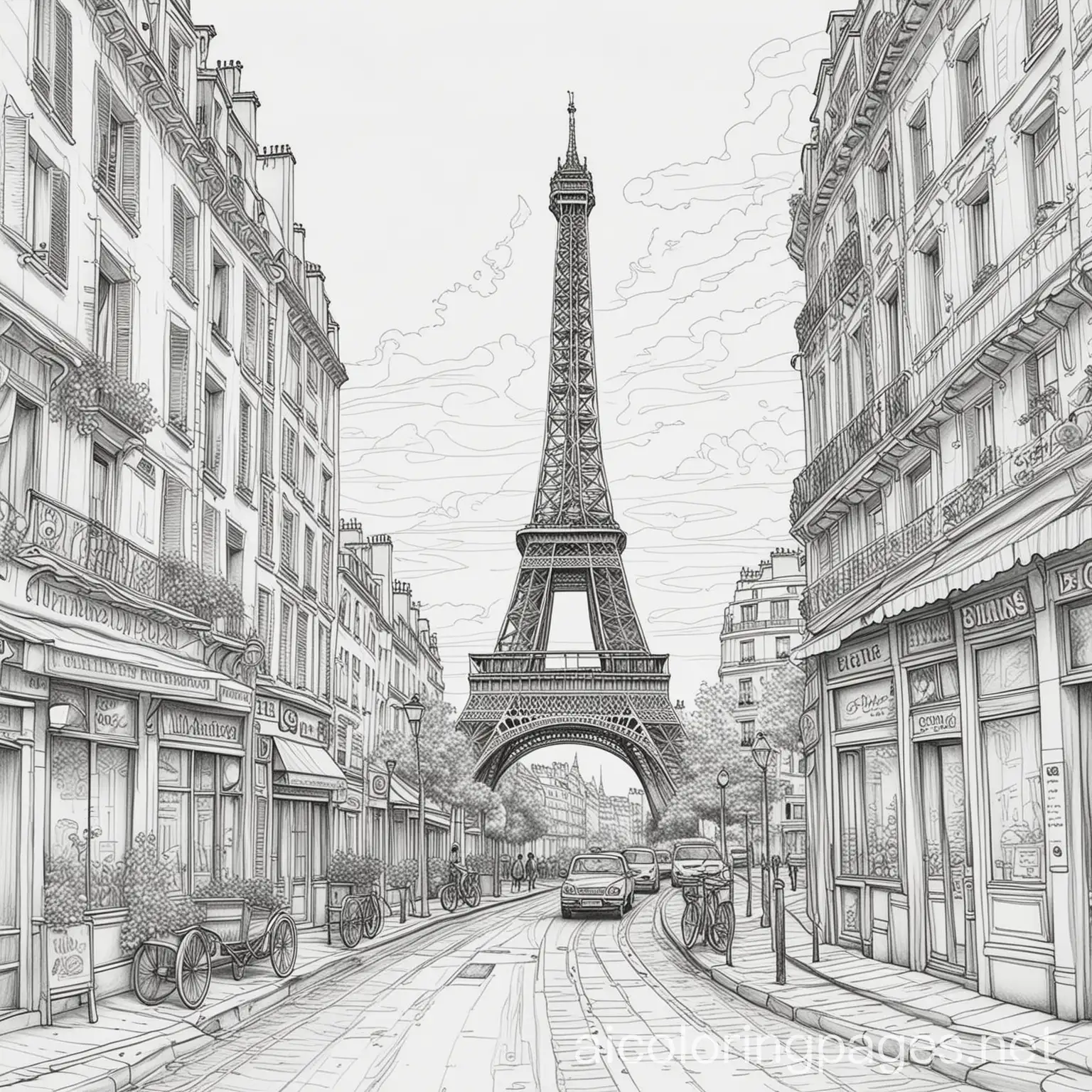 Paris-Street-View-with-Eiffel-Tower-in-Line-Art-Style