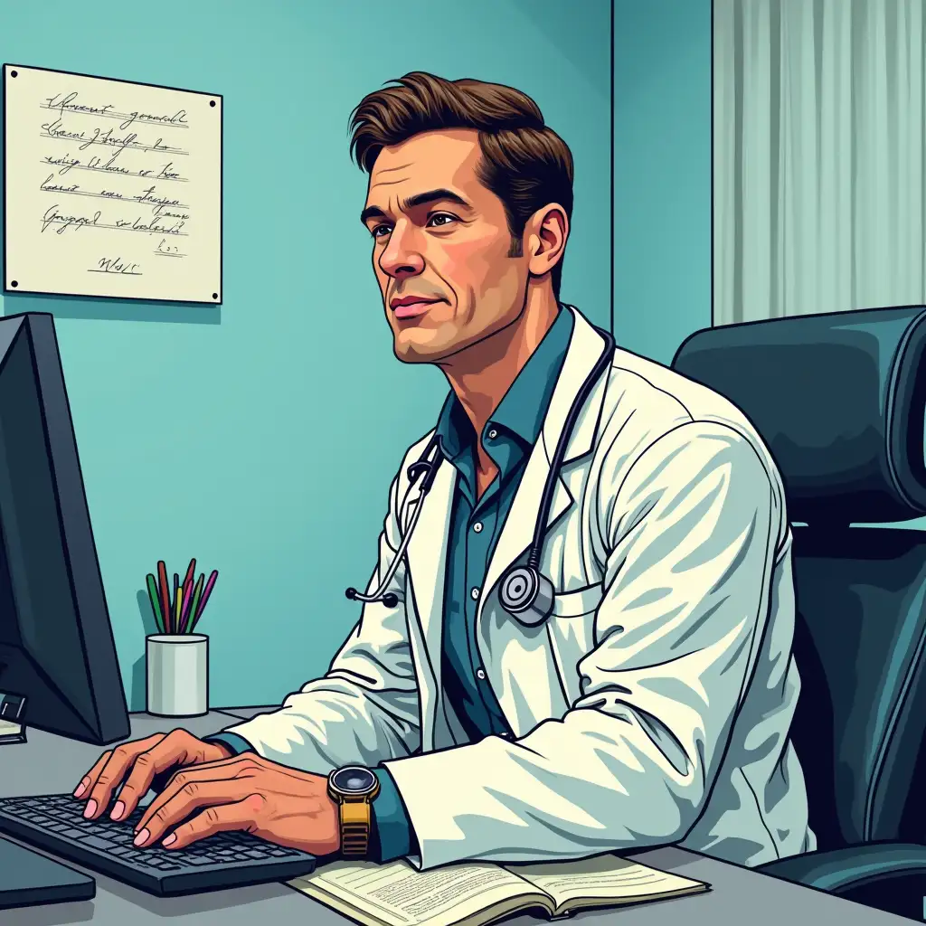 A man doctor in pop art style who sits at a computer in a medical office