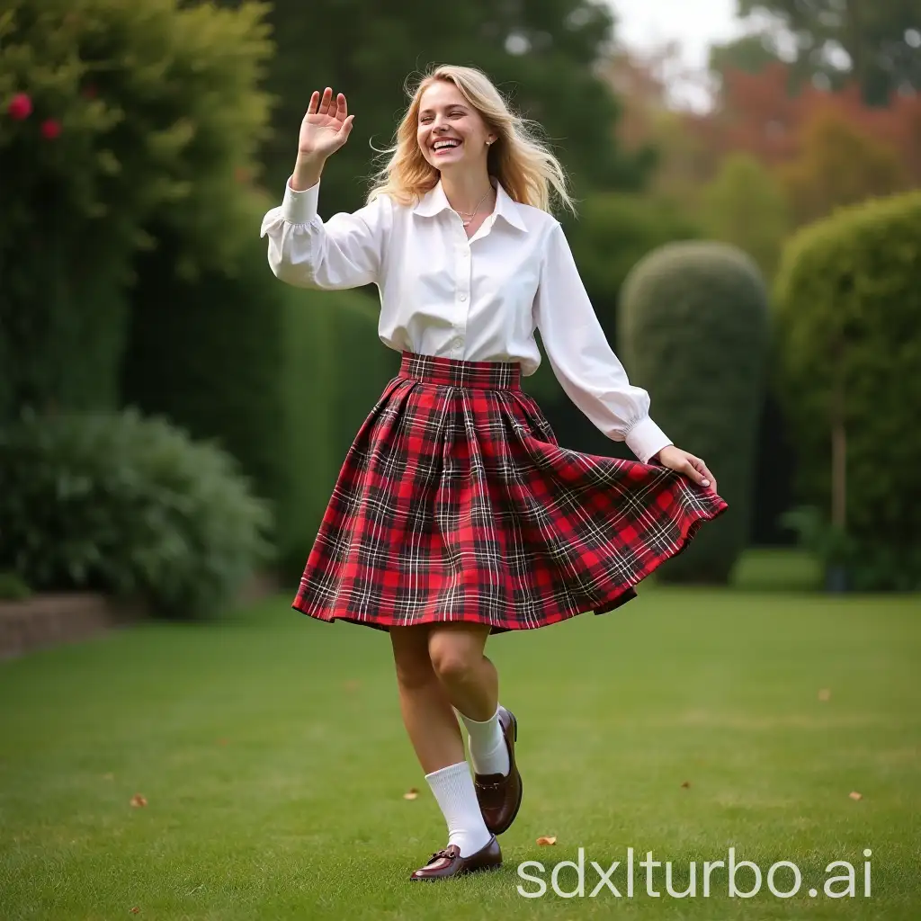 Blond-Woman-Dancing-in-a-Garden-in-a-Pleated-Plaid-Skirt-and-Mary-Janes