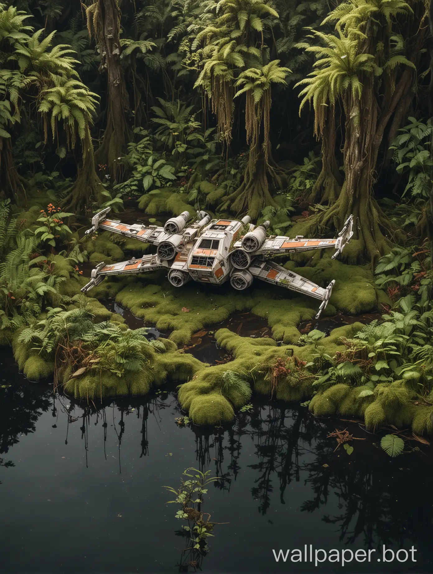 planet yavin with a half-buried x-wing in a lake overgrown with moss and roots