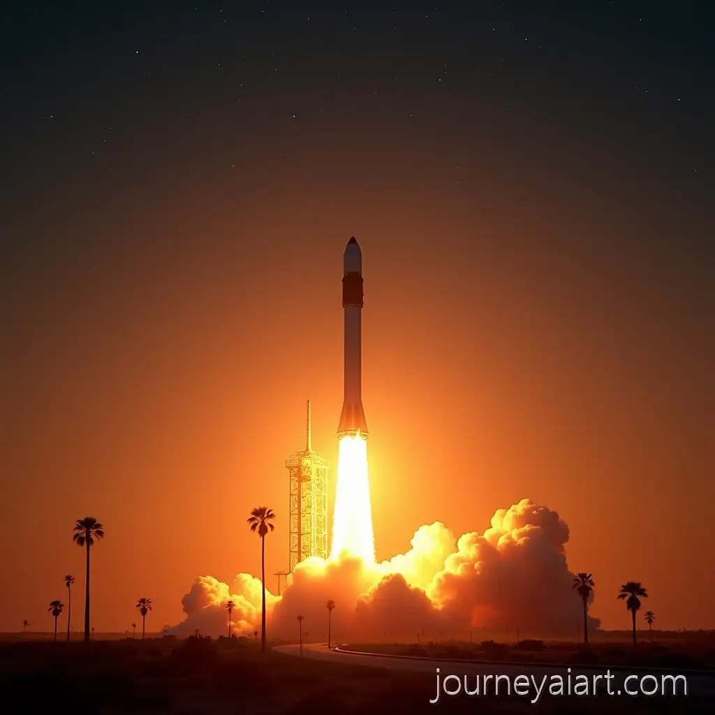 Rocket-Ignition-at-Sunset-with-Majestic-Starry-Sky-andAI-Image-Prompt-Expansion-Palm-Trees