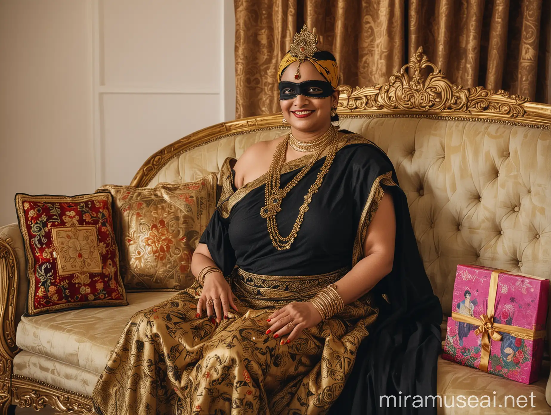 Indian Mythological Queen with Gift Box in Royal Palace