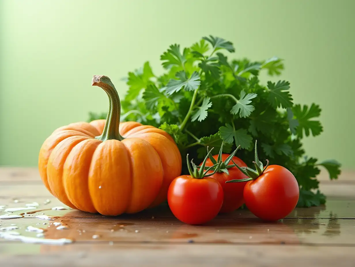 still life, pumpkin, bunch of parsley, three tomatoes, light green, water splashes, on a wooden table background