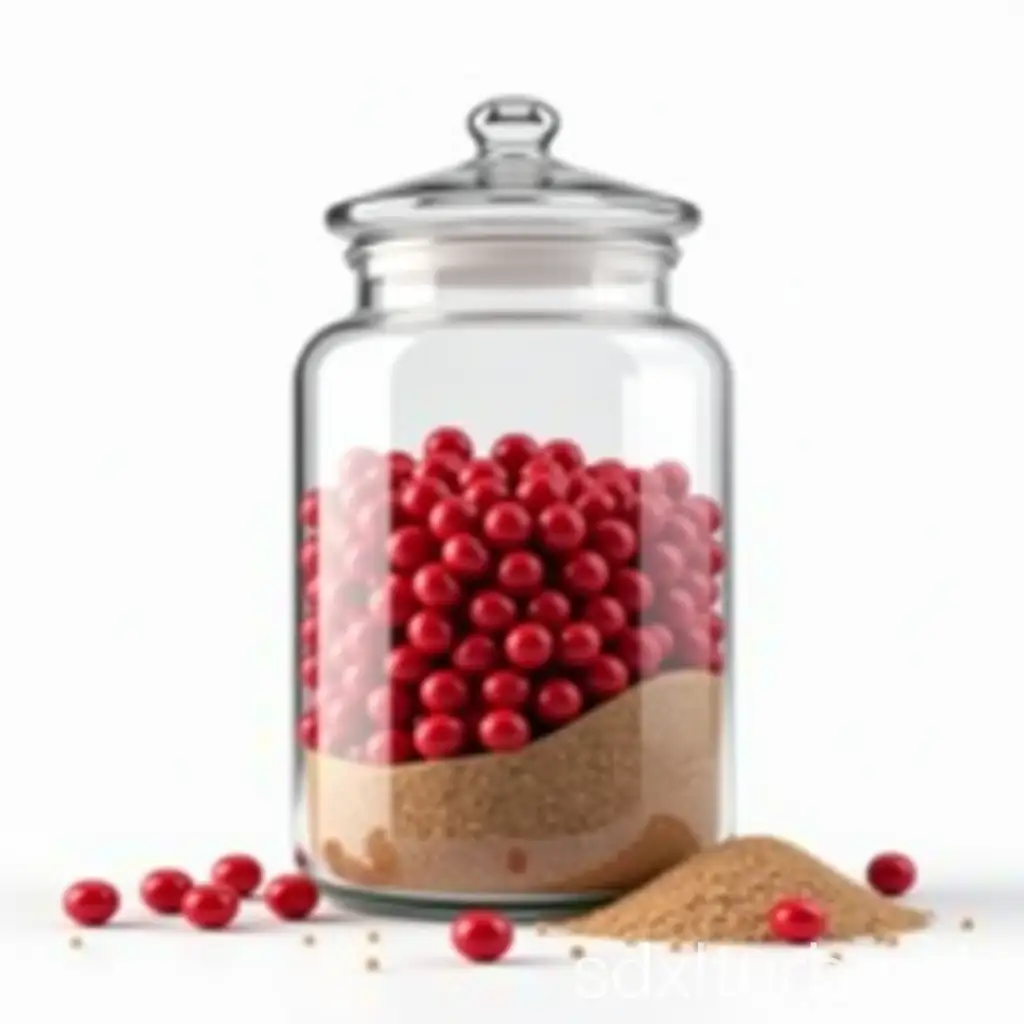 candy jar made of glass, filled with red candies and brown coarse sand, on white background wide 16:9 photorealistic