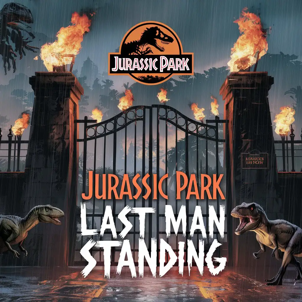 Jurassic-Park-Last-Man-Standing-E-Book-Cover-Park-Gate-with-Velociraptor-and-Fire-Torches-in-Rain