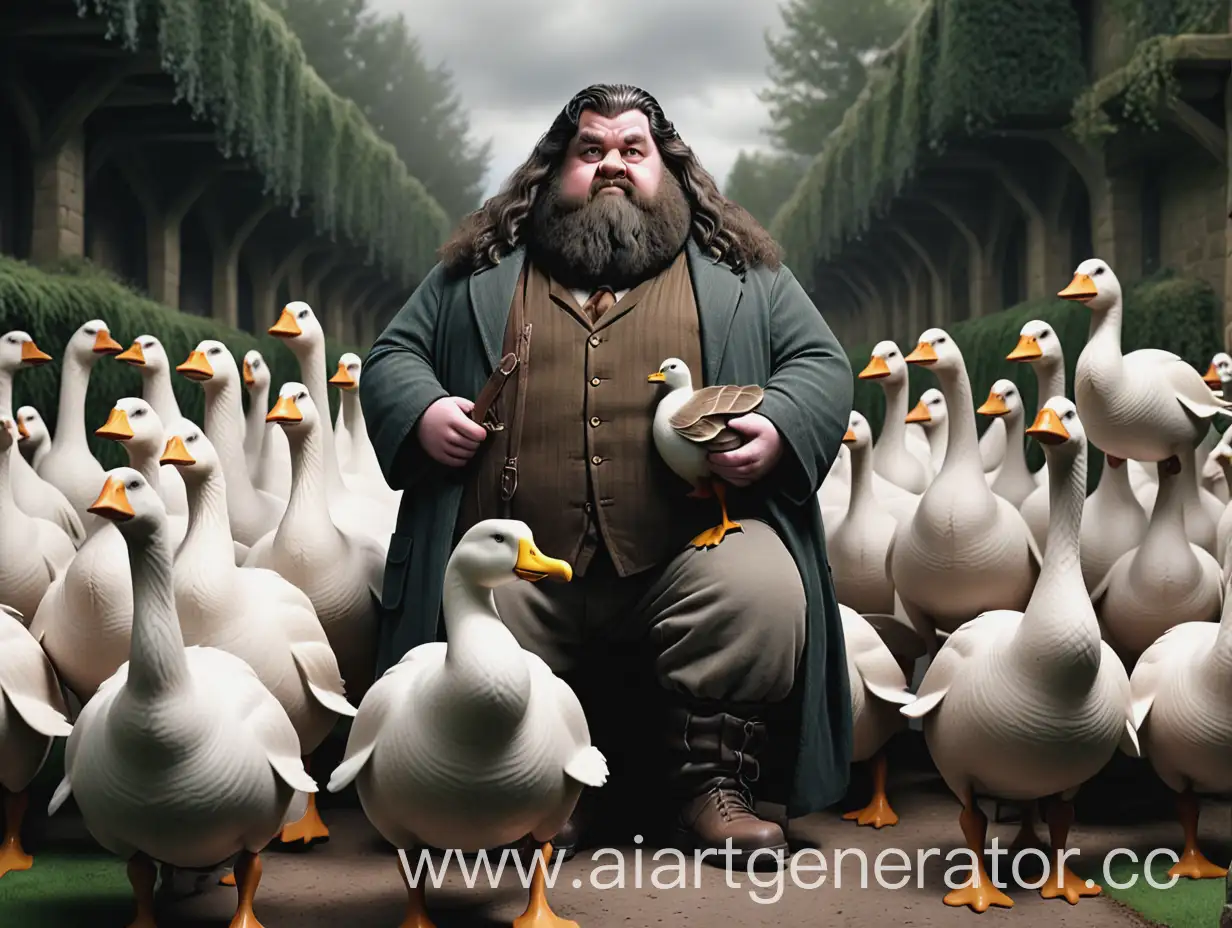 Hagrid-with-Flock-of-Geese-in-Magical-Forest