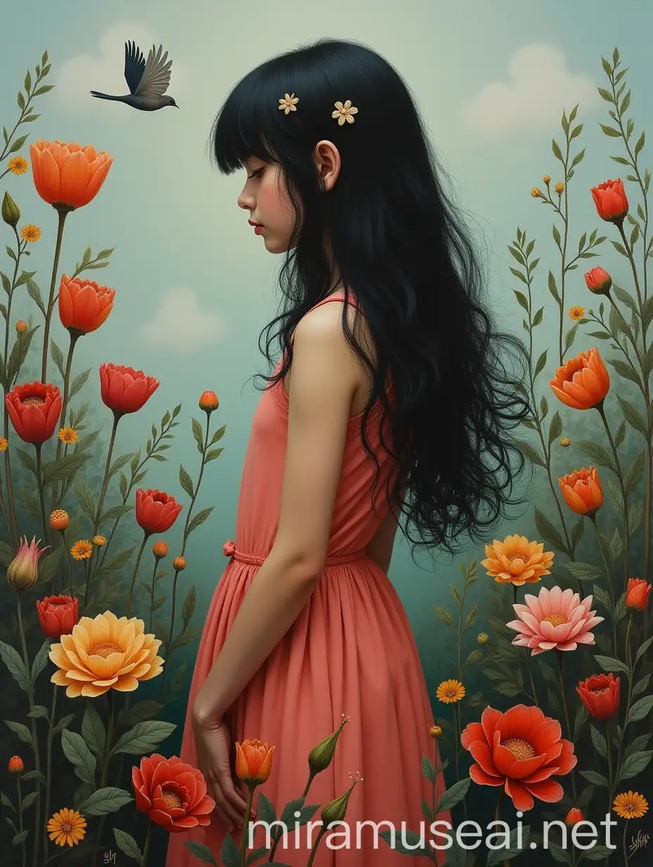 user_prompt: An oil painting, a girl with long dark hair, stands with her back turned, flowers, bird