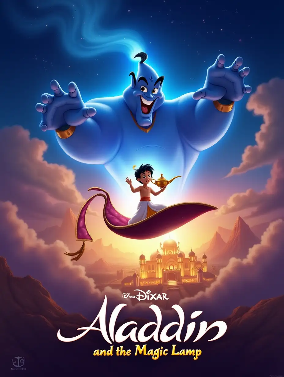 Poster for the Pixar animated film Aladdin and the Magic Lamp, with a magical atmosphere and full of warm and wonderful colors. In the center of the image, Aladdin, a young boy in a simple but charming outfit, floats on a flying carpet. He holds the magic lamp in his hands and from it a bright blue light emerges into the sky, revealing the initial form of a giant, smiling genie. The genie, with a friendly face and playful eyes, is smiling and opening his arms to show magic and wonder. In the background, the magnificent and imaginary city of Agrabah is seen, with a large golden palace and shining domes, under a starry sky and colorful auroras. The flying carpet, with humorous details and a funny face, is flying towards adventure. The bright lights and shadows give the scene a cinematic and magical feel and enhance the sense of excitement and adventure.