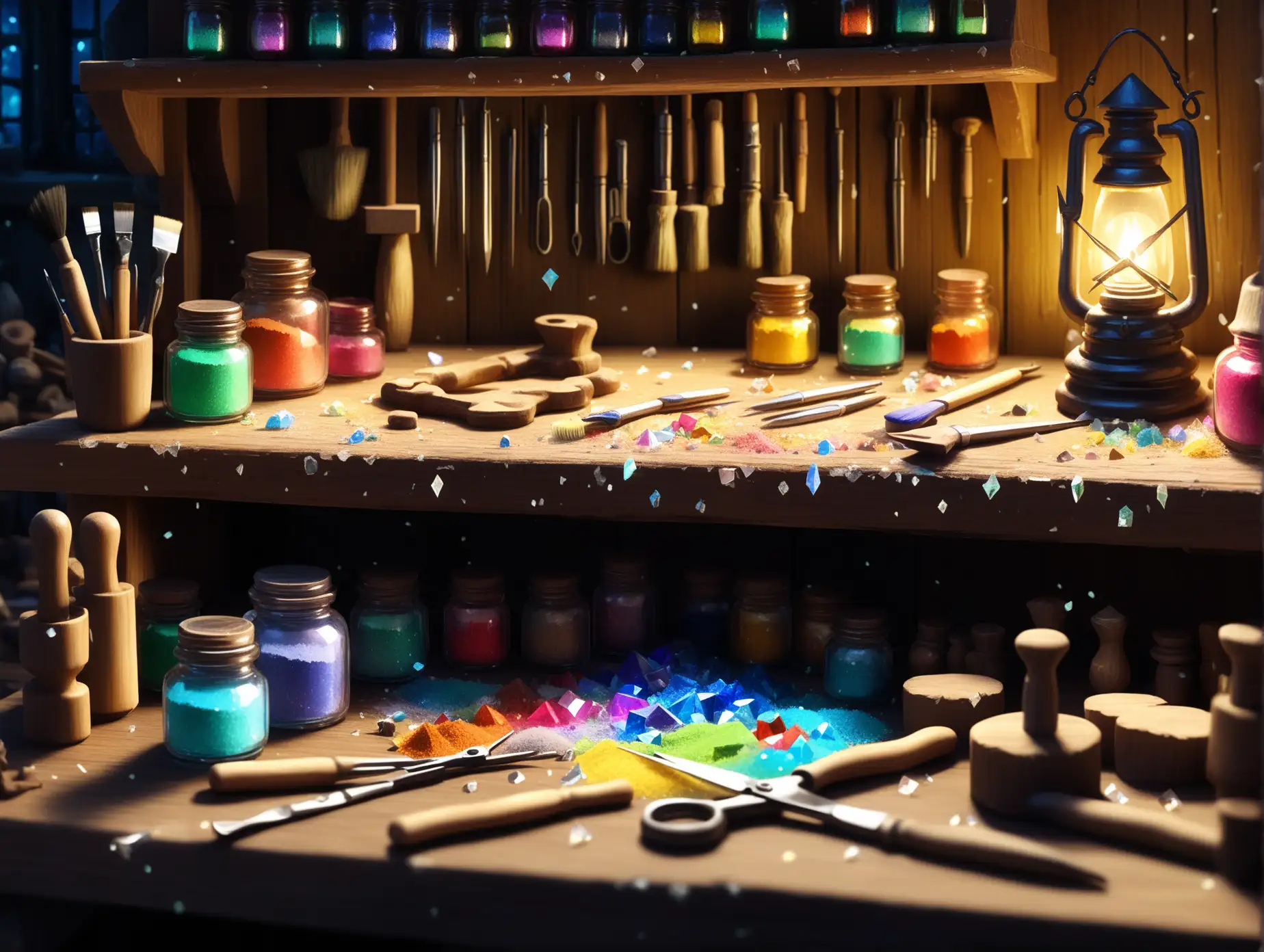 A detailed close-up of a wooden workbench in a gnome’s house, covered with sparkling shattered crystals, colorful magical powders carefully gathered into small piles, and tiny, intricate tools like chisels, brushes, and tweezers. The workbench surface shows signs of use, with scratches and dust, illuminated by the soft glow of a lantern hanging above. In the background, blurred shelves filled with glowing jars and tools add depth to the scene. The scene gives a sense of enchantment and craftsmanship.