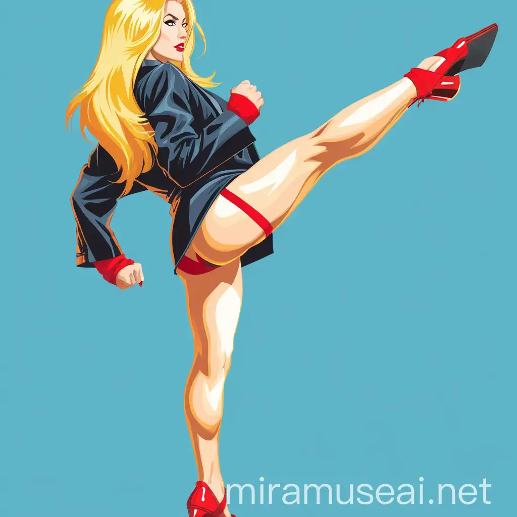 Dynamic Woman Executing a High Kick in Comic Book Style