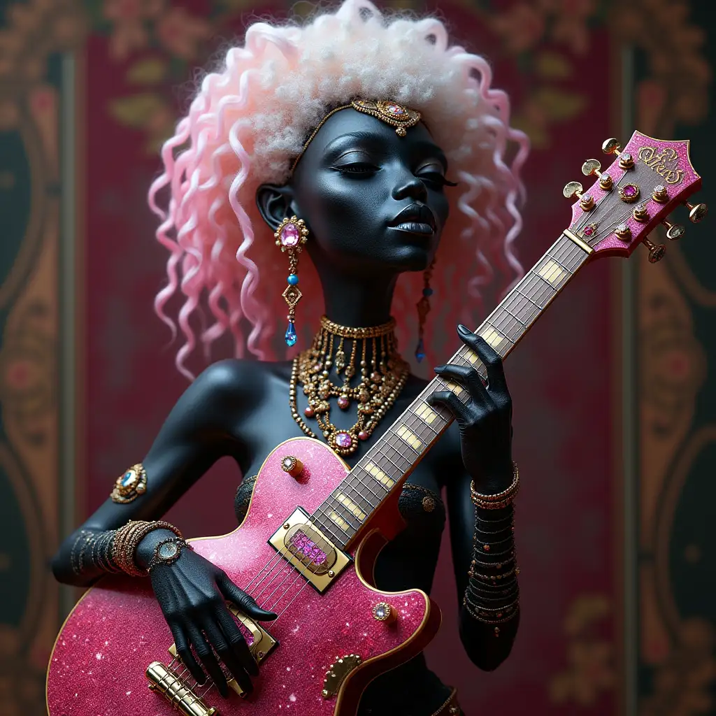 Hyperrealistic full body portrait of a beautiful black alien woman with silver hair with pink curls playing on a ruby e-guitar with intricately detailed, colorful and futuristic jewelry.with a decorative background