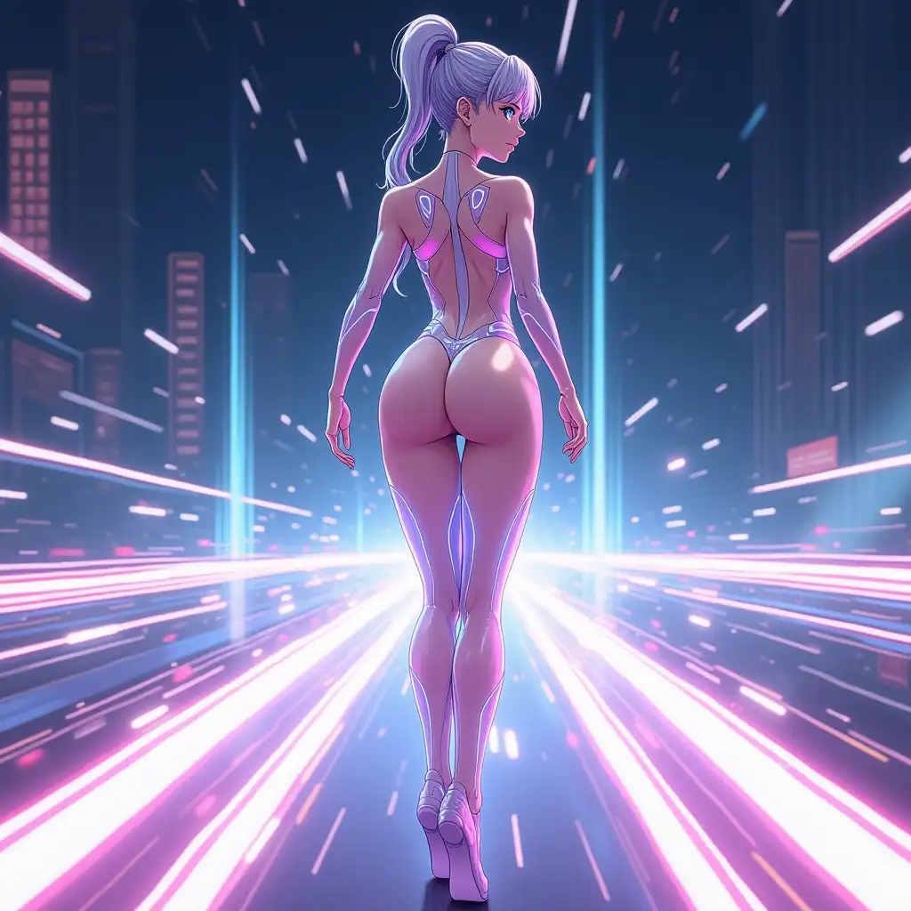 An anime-style female character in full body, standing in a dynamic pose as if preparing to sprint forward. She is wearing a tight, shiny, clear see through bodysuit with futuristic glowing patterns that accentuate her athletic and curvy figure. The pose highlights her back and legs, with her head slightly turned, showing part of her face with a confident expression. She is placed at the center of the frame, taking up about 80% of the image space, with ample futuristic background surrounding her. The background is minimalistic yet dynamic, with abstract light trails, gradients, and glowing elements to emphasize the motion and futuristic vibe. The overall art style is highly polished, with detailed shading, vibrant colors, and smooth textures, matching a modern anime aesthetic.