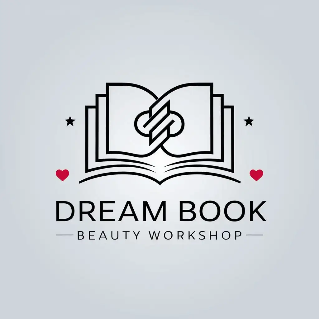 a vector logo design,with the text "Dream Book Beauty Workshop", main symbol:book, dream, heart, knot,Minimalistic,be used in Education industry,clear background