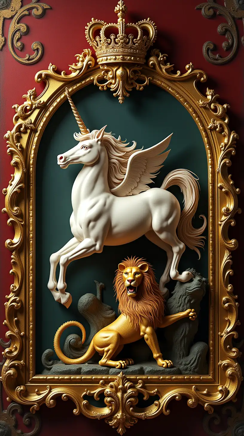 an ostentatious gilt frame fit for a king with unicorn, rampant lion and a recumbent dragon. be flamboyant and opulent