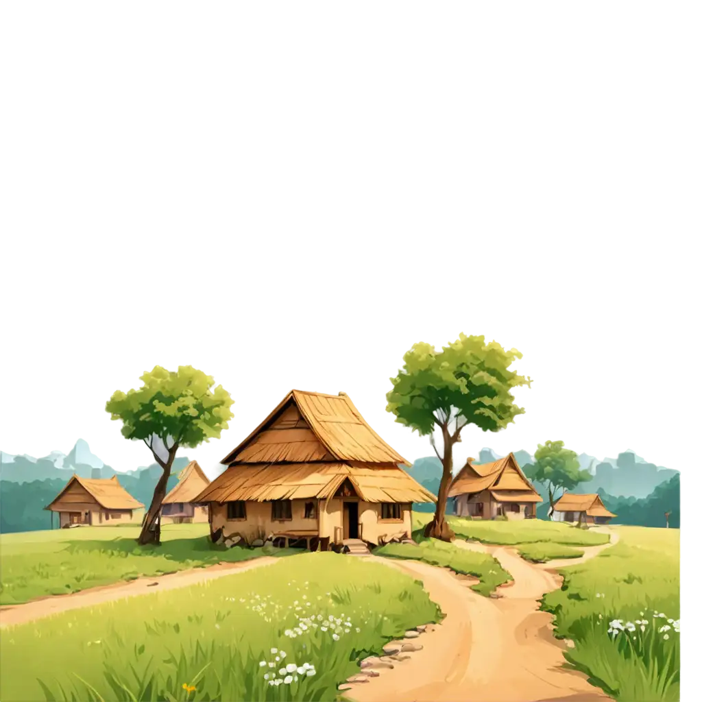 Discover-the-Charm-of-Village-Life-HighQuality-Jhopdi-Cartoon-Background-PNG