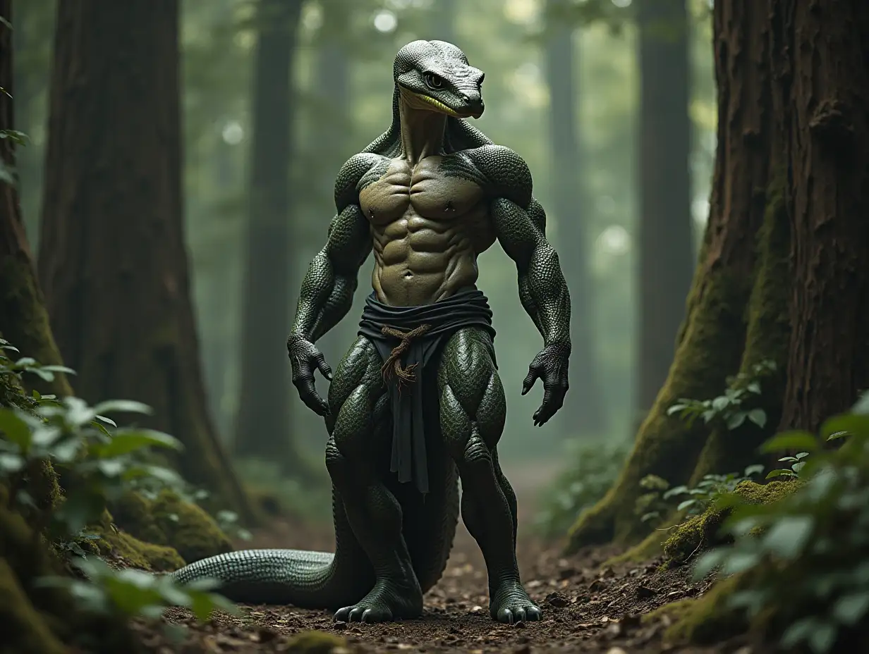 A very detailed photo. A full-body representation of a snake-hybrid bodybuilder with at a forest with extremely large trees