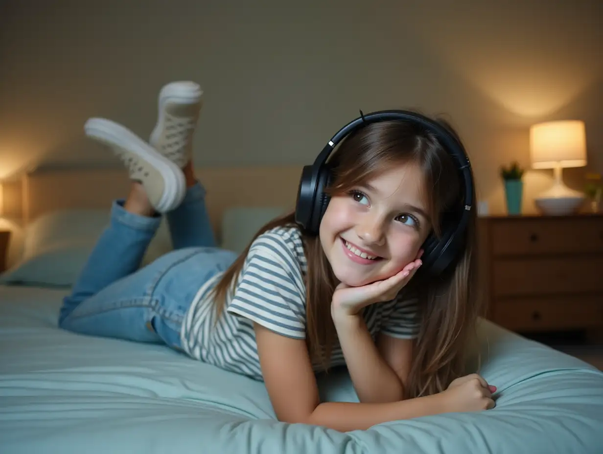 Teenage-Girl-Relaxing-on-Bed-with-Headphones-and-Nightstand-in-Cozy-Room