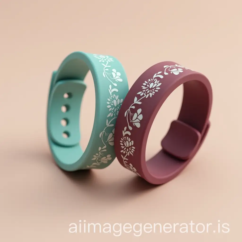 Create a realistic mockup of two silicone wristbands placed side by side on a neutral background. One wristband should be in color #00aaa1 (teal), and the other in #8b1e3f (burgundy). Instead of plain colors, each wristband should feature decorative patterns or design elements inspired by the music and style of the Chilean duo 'Los Vásquez' — such as floral motifs, romantic symbols, vintage patterns, or folk-inspired details. Do not include any text or logos. The wristbands should appear new, slightly glossy, and well-lit, with soft shadows to highlight their 3D shape and visual texture.