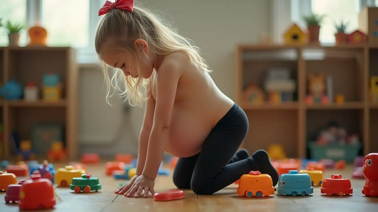 Pregnant-Blonde-Girl-in-School-with-Toys-Reaching-for-the-Floor