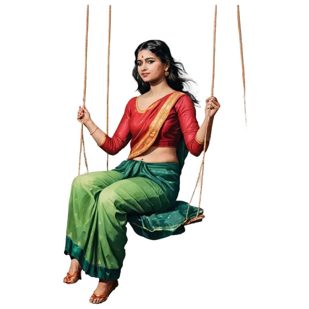 Indian-Women-in-Saree-on-Swing-PNG-Image-Traditional-Painting-Concept