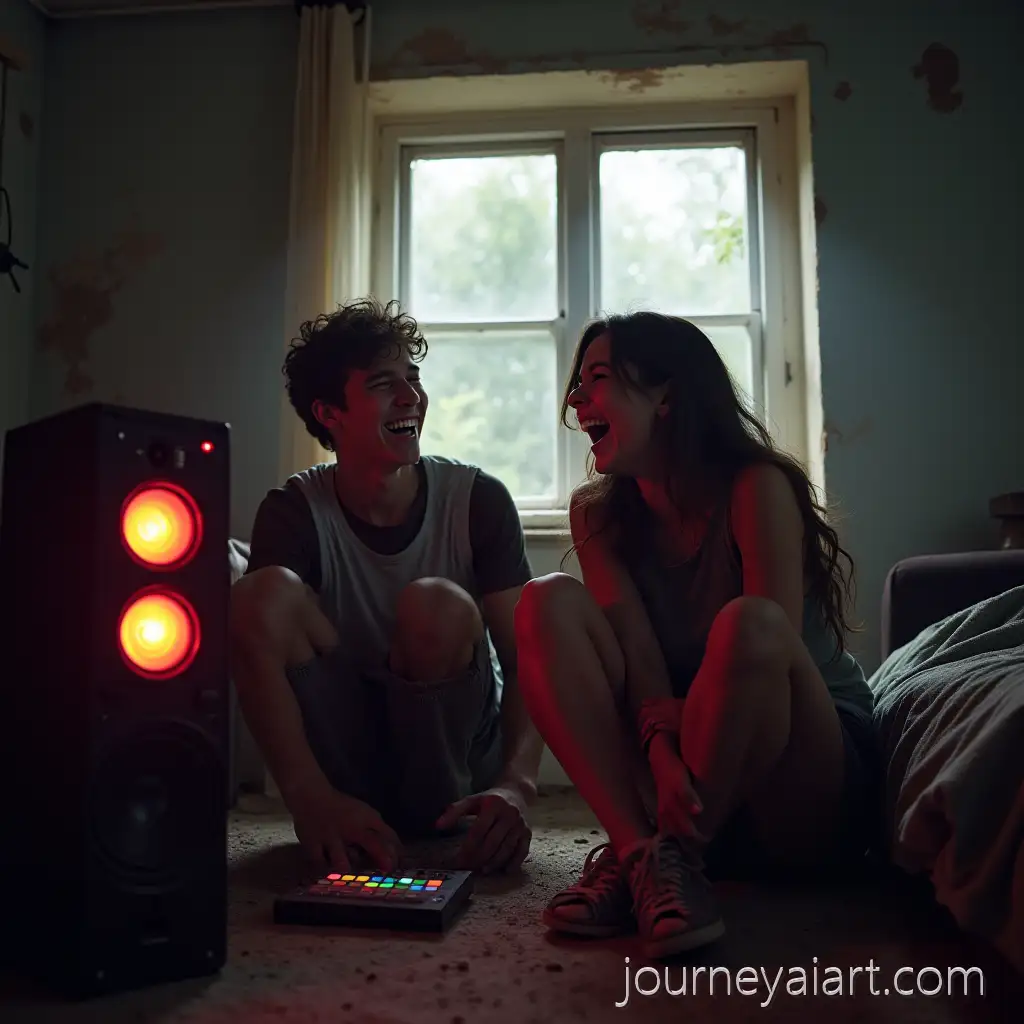 Teenagers-Laughing-in-Dusty-Room-with-Colorful-LED-Speaker-and-Eerie-Window-Swinging