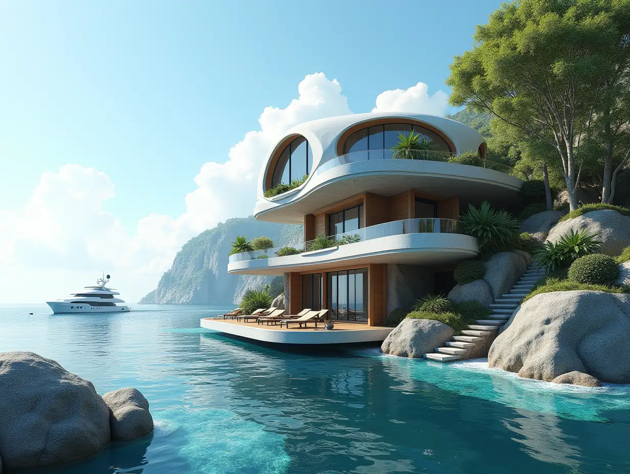 Create a high-resolution, realistic panorama image of a futuristic terrace building with steps to the sea window snail house with many plants and gray and brown facades a yacht on the sea waves, large trees, blue sky