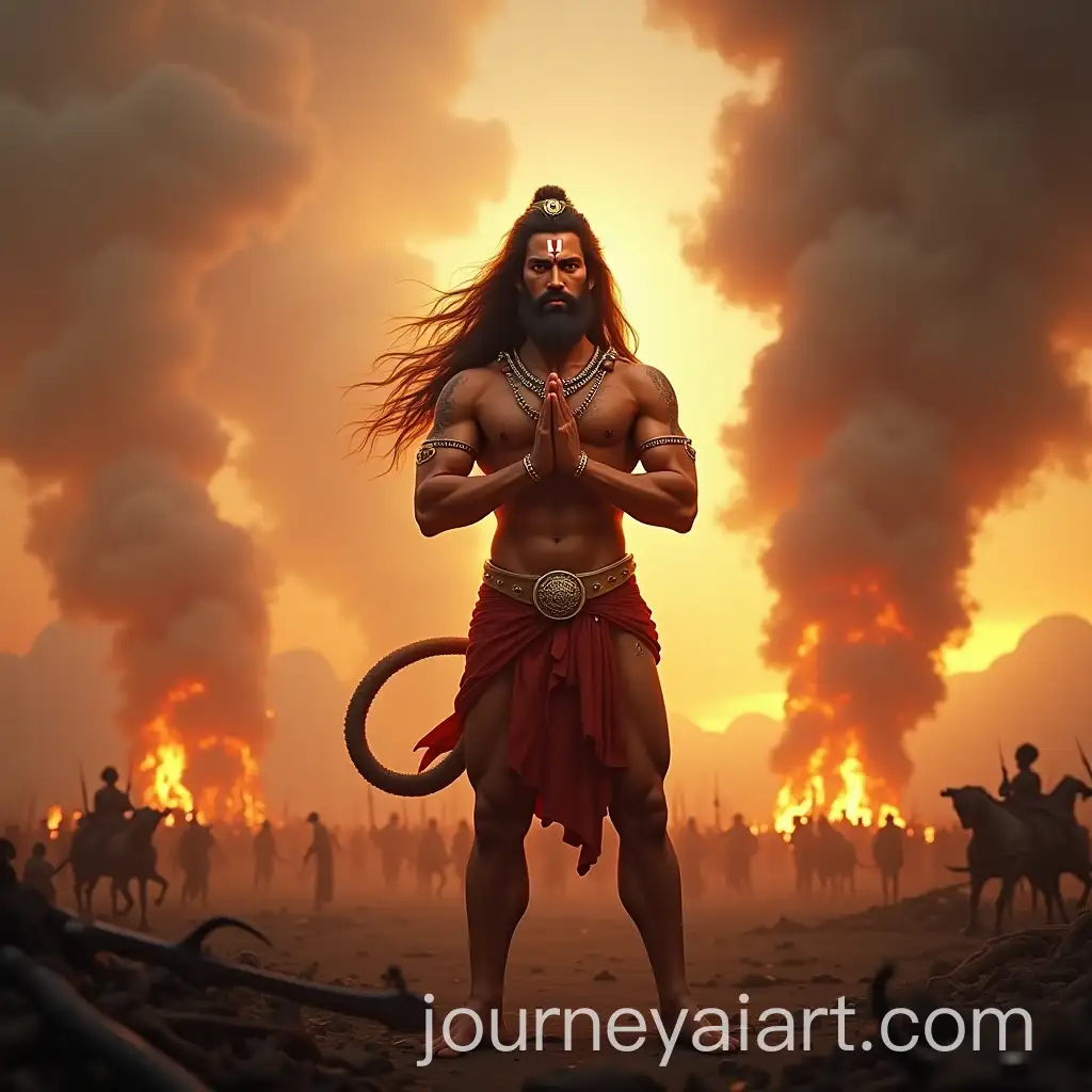 Lord-Hanuman-in-NamaskaraAI-Art-Prompt-Expansion-Pose-on-WarTorn-Battlefield-during-RaamRaavan-Yuddha