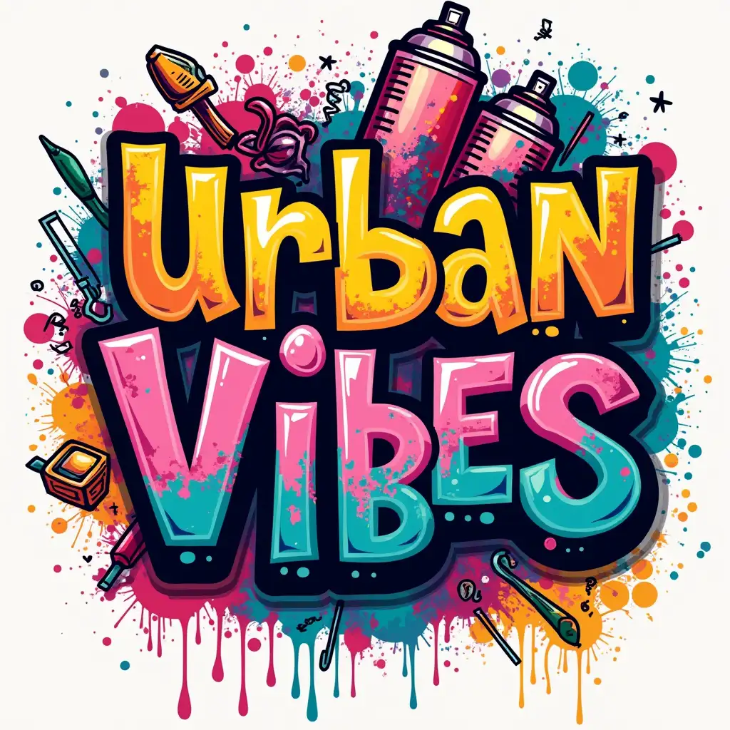 Create a vibrant and energetic design with a graffiti-inspired street art theme. Include elements like spray paint cans, urban murals, and bold, dynamic typography. The phrase 'Urban Vibes' should be prominently displayed, capturing the essence of city life.