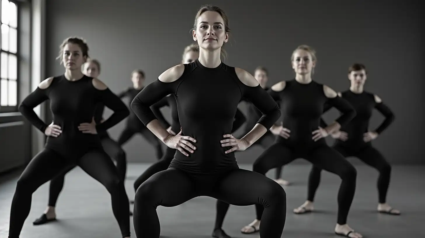 Mature Women Doing Full Squats in Black High Cut Leotards and Tights