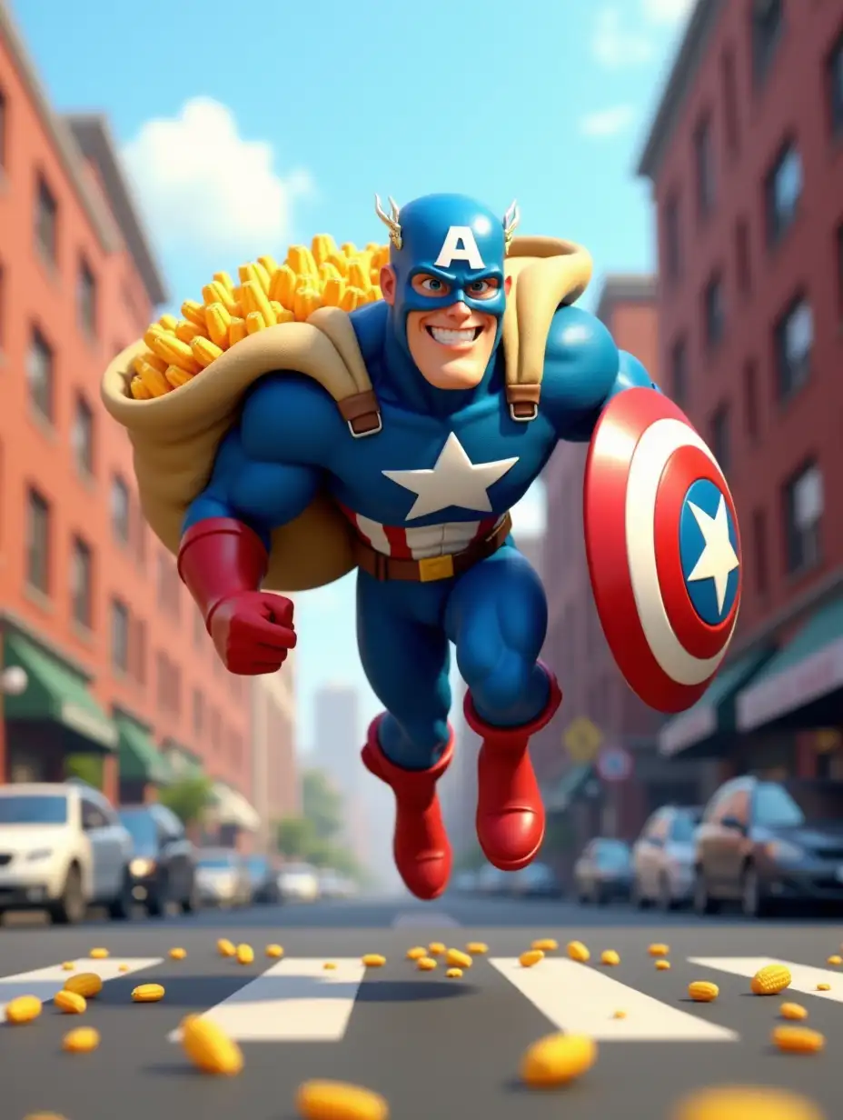 A highly detailed 3D-rendered image of a heroic, muscular superhero in a blue suit with a white star on his chest, red gloves, and red boots, sprinting across a city street. He wears a blue helmet with an 'A' emblem and has a determined yet cheerful expression. He carries a large sack overflowing with bright yellow corn in one hand while holding a round, red-white-and-blue shield in the other. The cityscape background features red brick buildings, parked cars, and a sunny blue sky. The image has a dynamic perspective with motion blur on his legs and scattered corn kernels on the road, emphasizing action and speed.