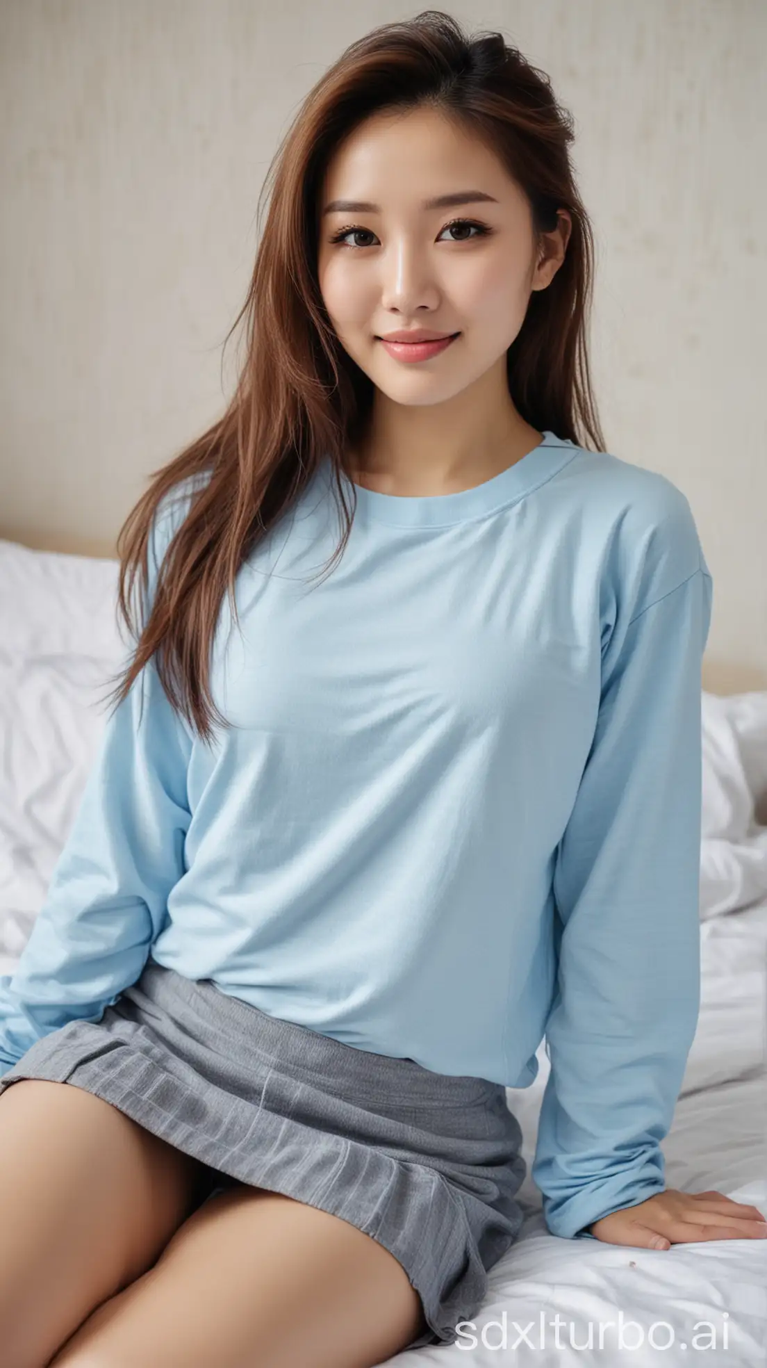 Chinese-Woman-Sleeping-in-Winter-Room-with-Sweet-Smile-and-Casual-Outfit