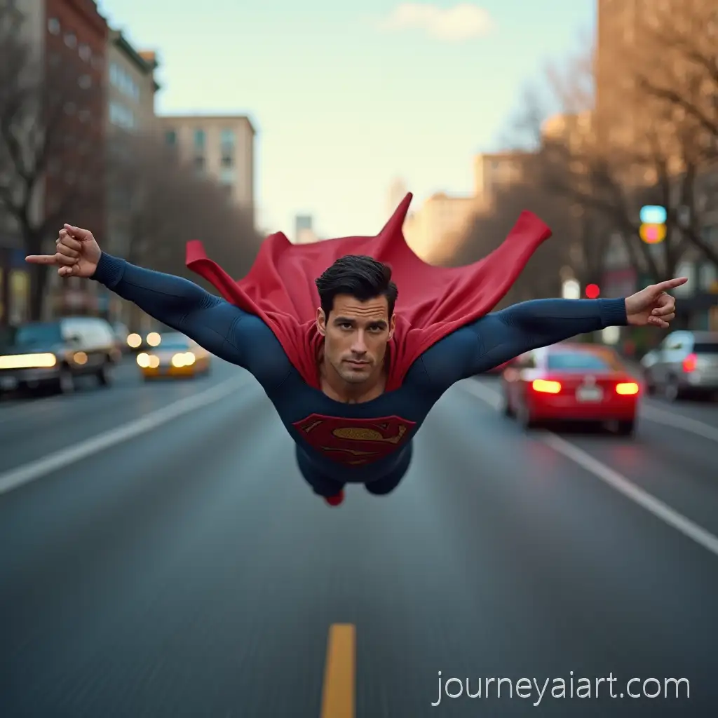 SuperSuperman-flying-through-cityman-Flying-with-Arm-Outstretched-Over-City-Street-with-Blurred-Traffic