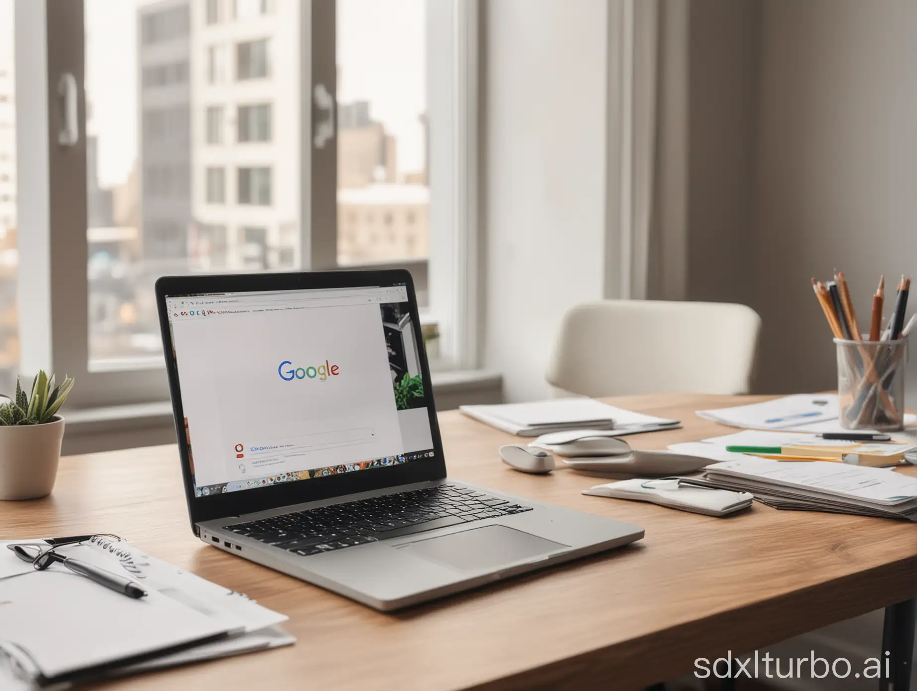 a laptop on a desk, with an office scene around it, google's logo on the screen, google search homepage