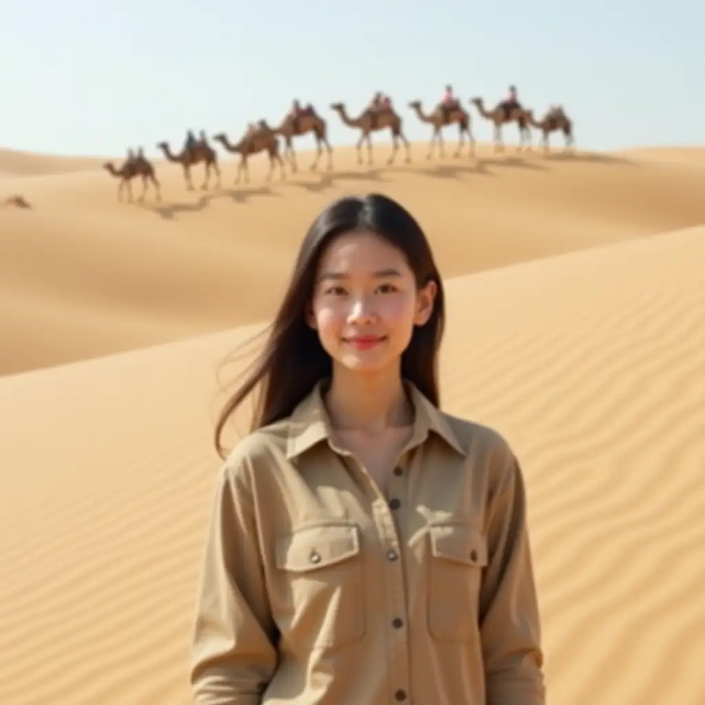 a photo of korean young female (oval face) posing in egypt desert. Background is rolling hills of sand. At the hill top is convoy of camels in row. The female posing at bottom of the hill, wearing khaki shirt. resolution 8K raw photo, photography