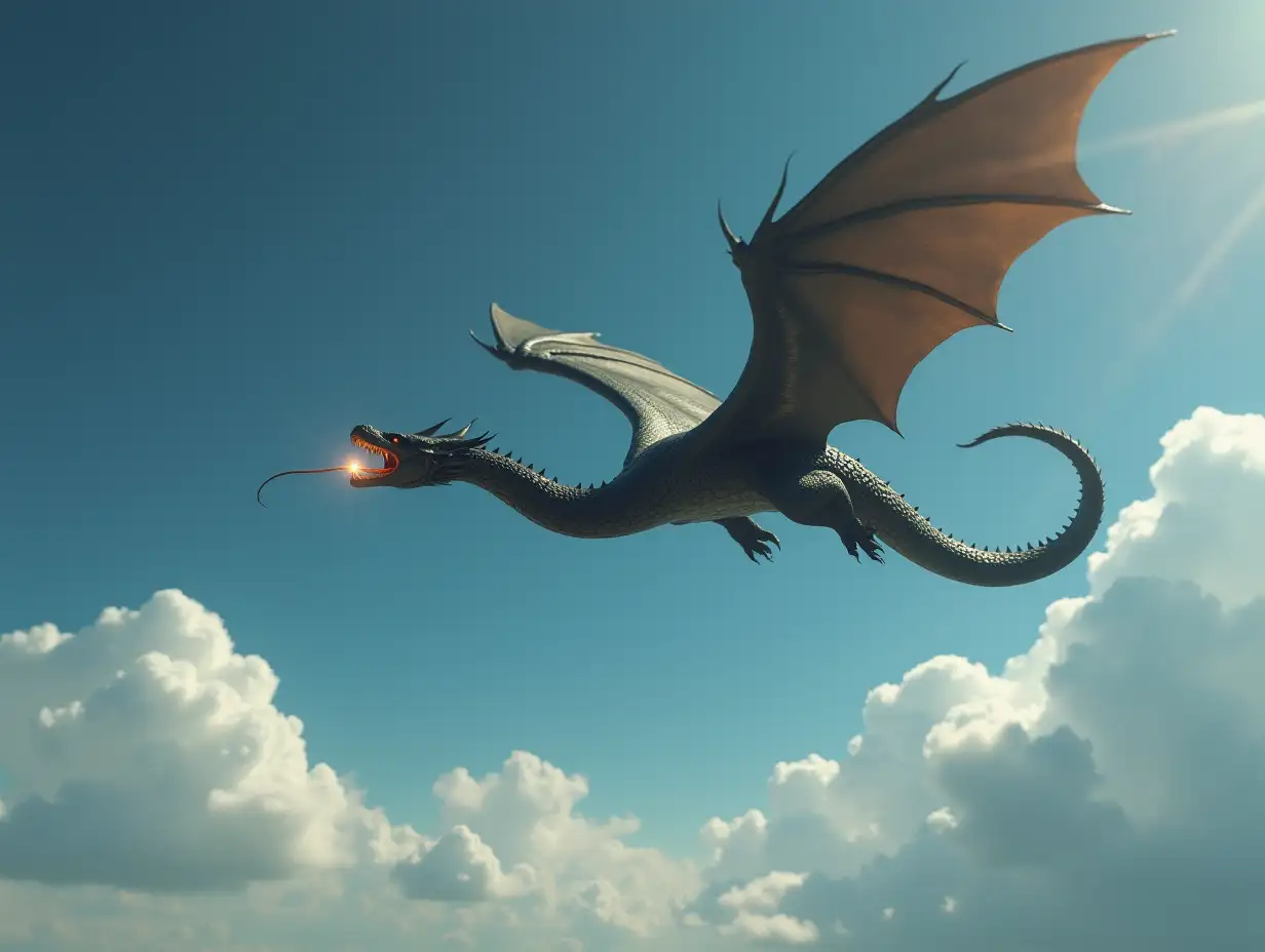 a long black snake dragon flies in the sky slightly curving with mouth like it wants to swallow a light ball