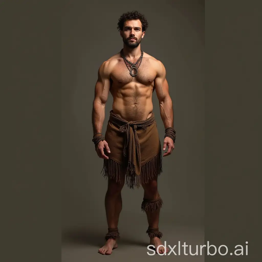 Full body image. Muscular , masculine, sexy 33 years old bare chested Finland peasant in the Neolithic period time. Short curly hair. Period time loincloth.  Goatee 