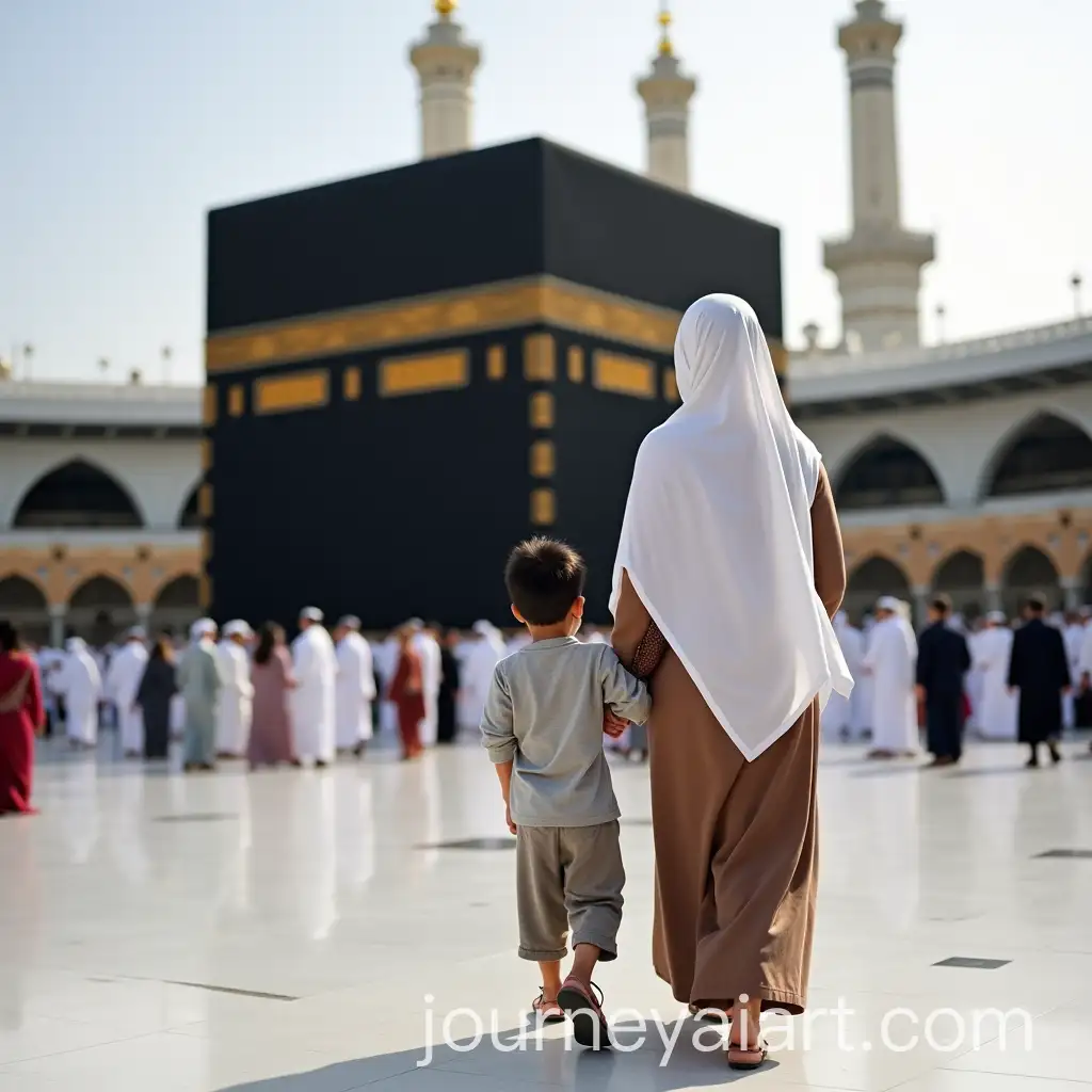 Indonesian-Woman-and-Boy-Walking-in-Front-of-Kaaba-at-Masjidil-Haram