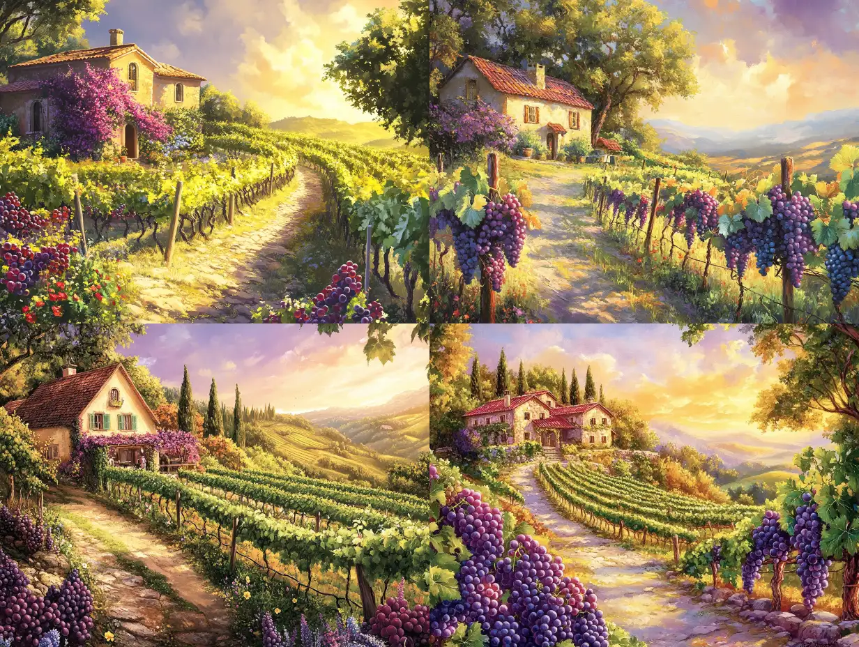 Idyllic-Vineyard-with-Ripe-Grapes-and-Rustic-Homestead-Under-Golden-Sunlight