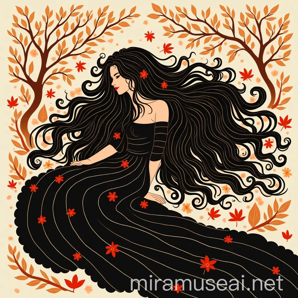 Elegant Woman Surrounded by Autumn Leaves in Abstract Folk Art Style