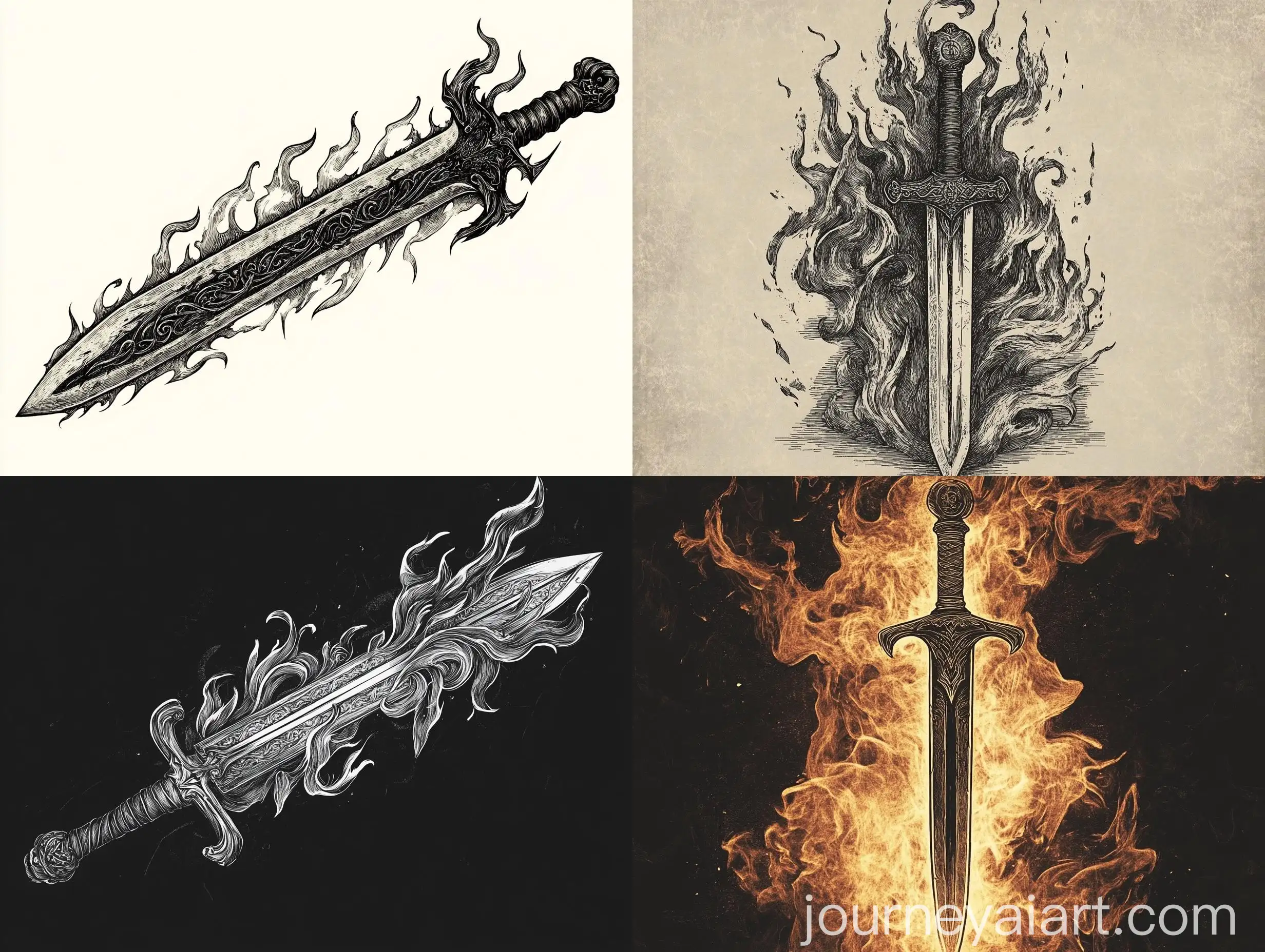 Engraving-Style-Medieval-Dagger-in-Flames