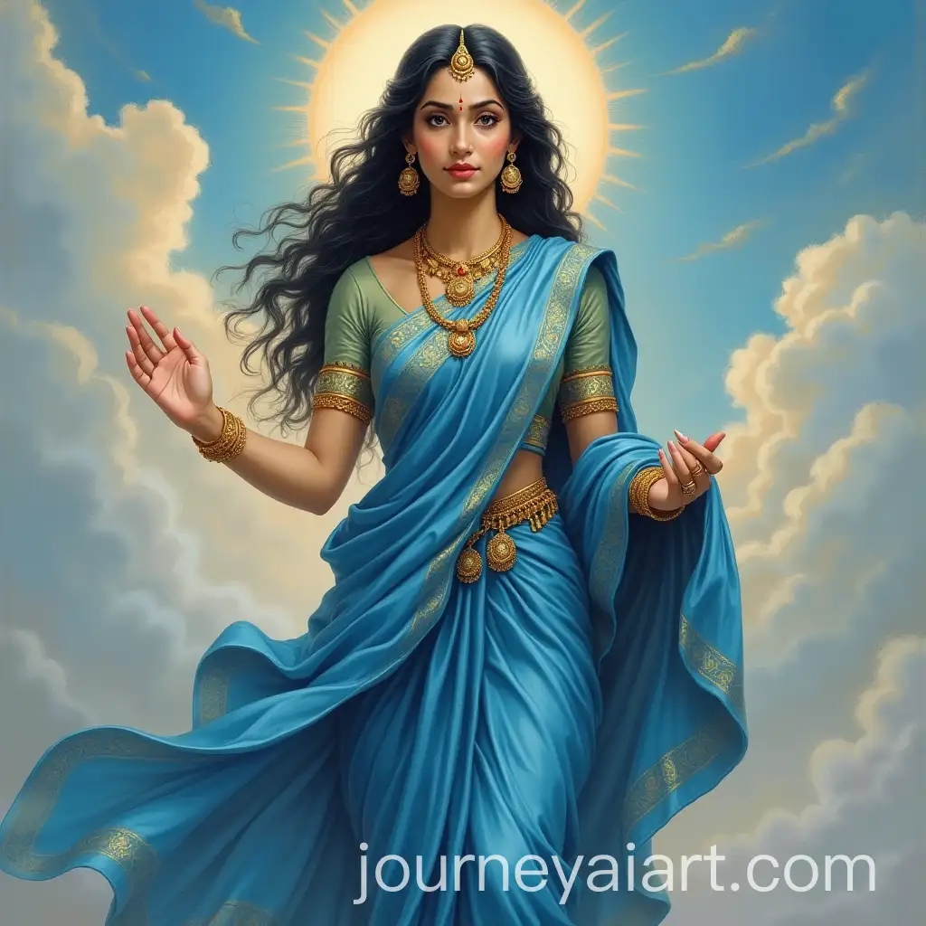 Divine-Radha-Rani-in-Blue-Saree-Standing-on-Celestial-Level-Blessing-with-Long-Black-Wavy-Hair