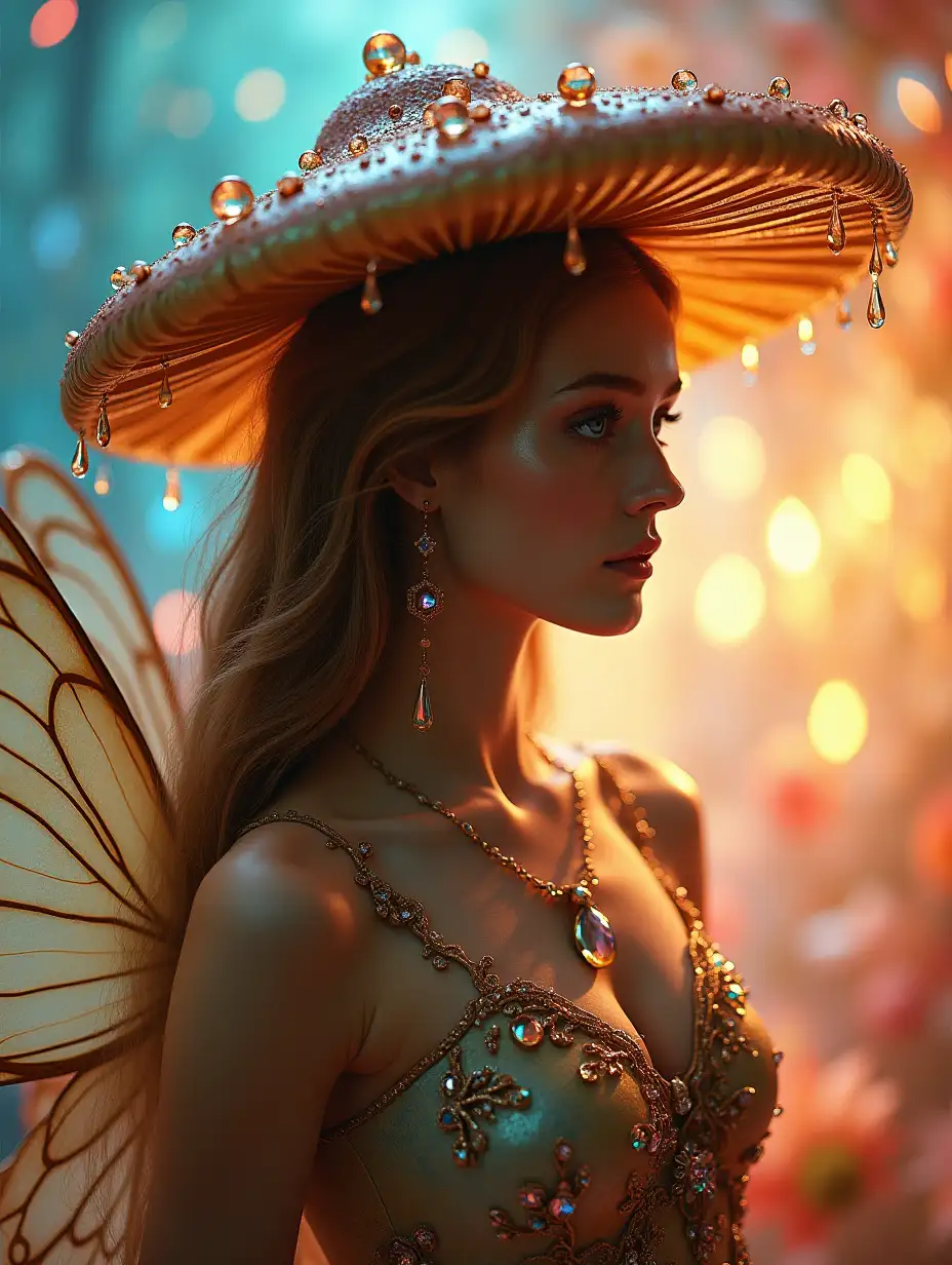 Close-up, photo portrait, half-side view. A fantastic woman with long flowing hair stands on a fabulous, bright, floral background. She is wearing a shimmering, ornate dress decorated with precious stones and delicate gold trim. A large decorative mushroom serves as a unique hat decorated with water droplets. Her butterfly-like wings give her an ethereal appearance. The stage is filled with soft, iridescent light and bright colors, which enhances the magical atmosphere.