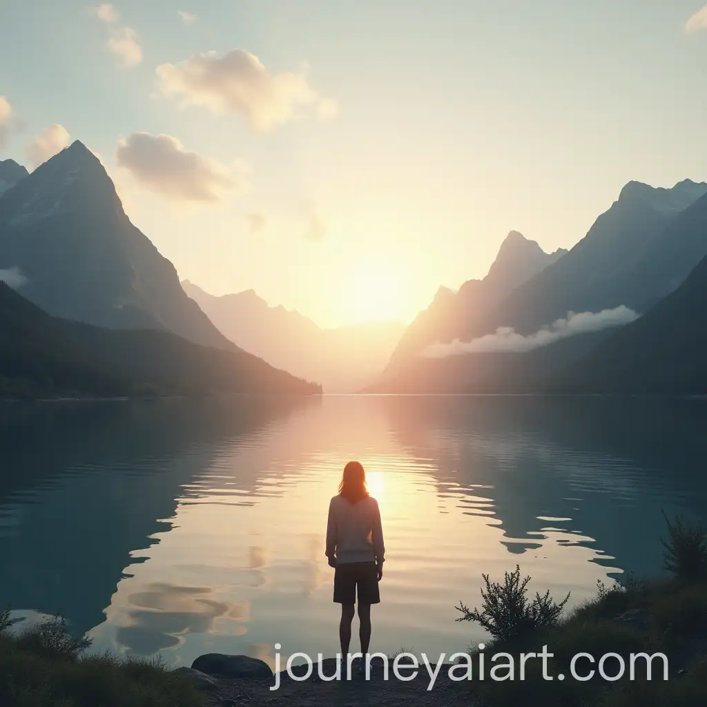 Person-Reflecting-at-Dawn-by-a-Tranquil-Lake