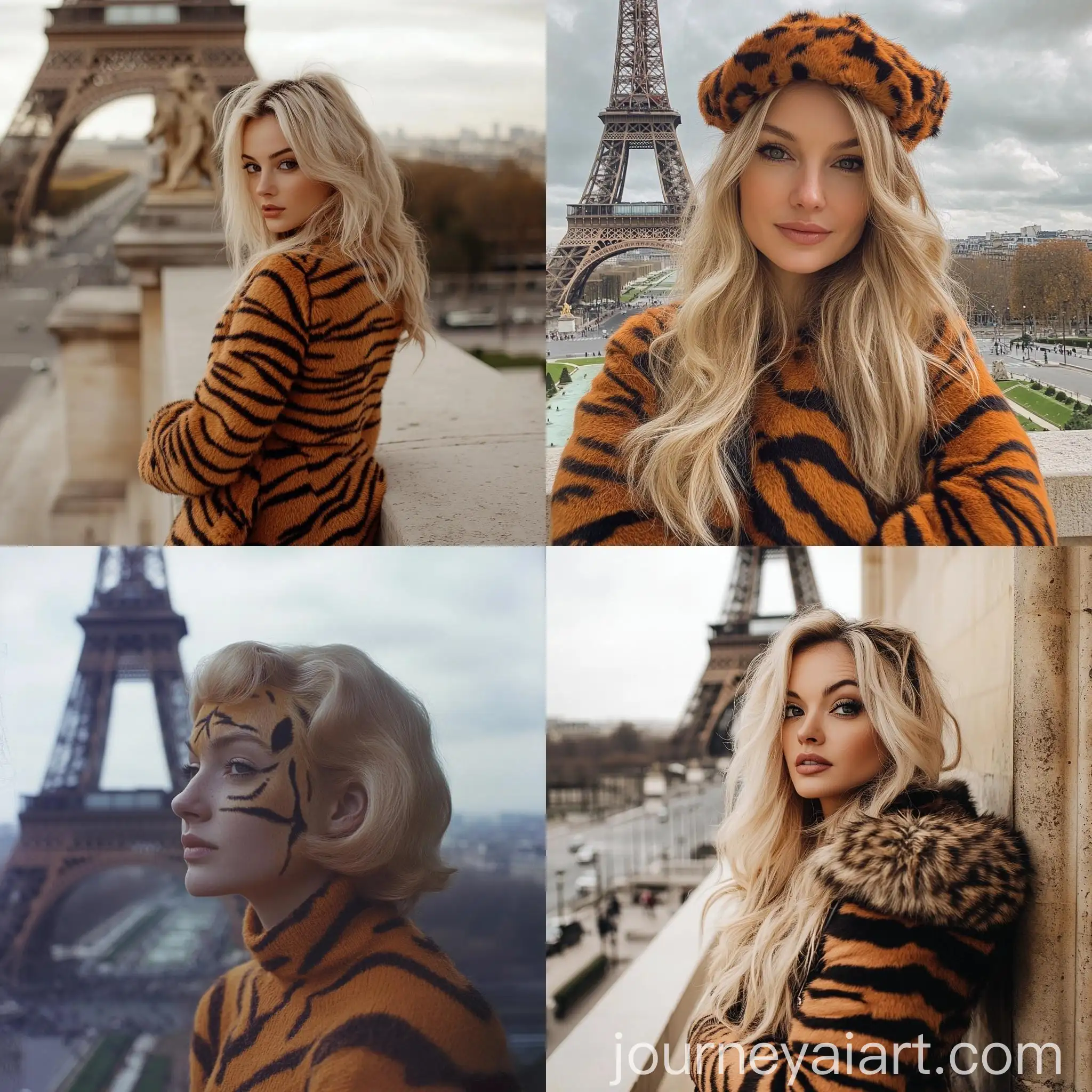 Blonde-Woman-with-Tiger-Stripes-at-the-Eiffel-Tower-Paris