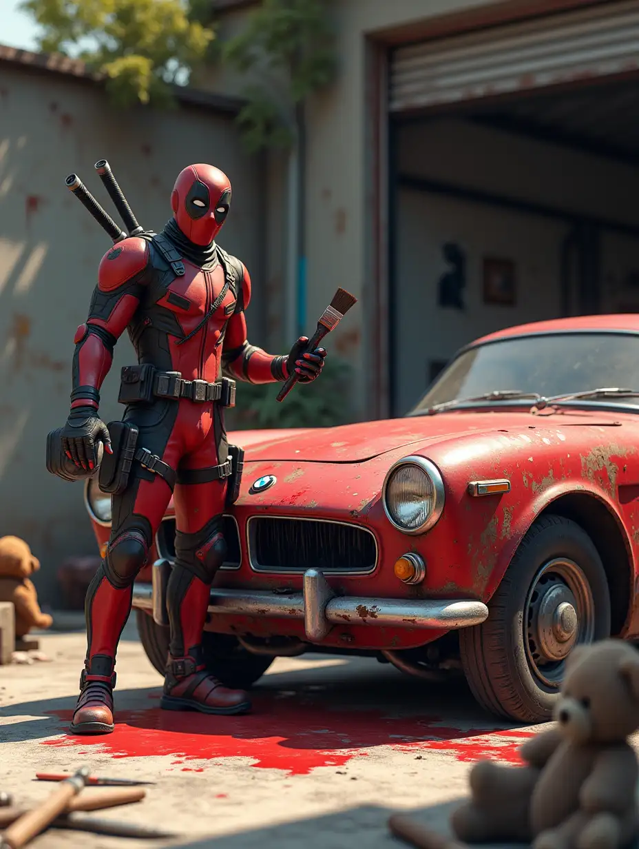 A highly detailed and realistic digital artwork featuring a character in a red and black tactical superhero suit standing beside an old, rusted BMW car. The character, wearing a utility belt, gloves, and dual katanas strapped to the back, is holding a paintbrush and a can of red paint. He has a playful and mischievous stance, as if proudly showing off his messy paint job on the car. The car is partially repainted, with uneven red strokes covering its rusted and faded body. Paint drips can be seen on the ground, and various tools are scattered nearby. In the background, an outdoor garage or workshop setting is visible, with a teddy bear sitting on a ledge. The atmosphere is fun and lighthearted, blending humor with a highly detailed, cinematic art style.